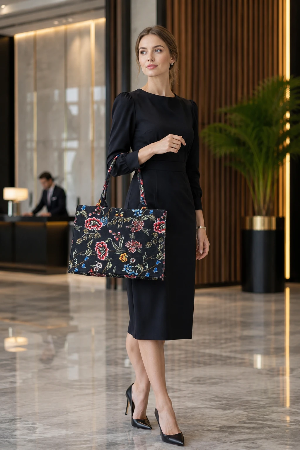 Black Floral Printed Tote Handbag for Women