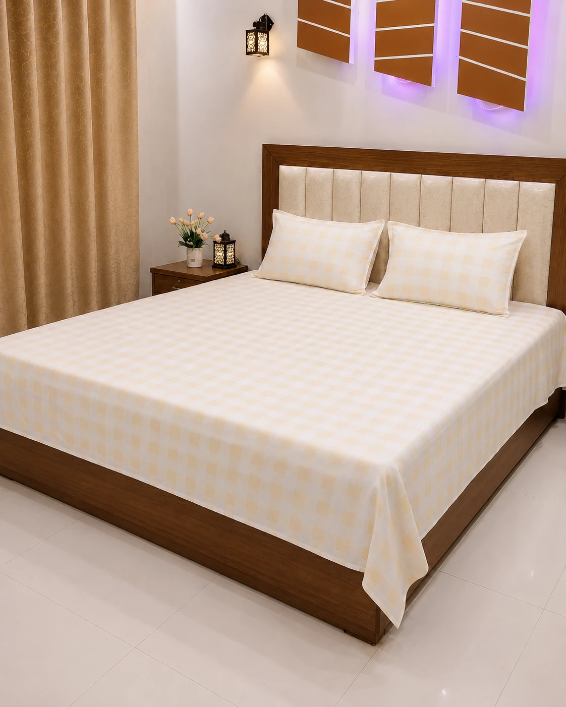 Premium Cream & Light Yellow Checkered Bedsheet Set