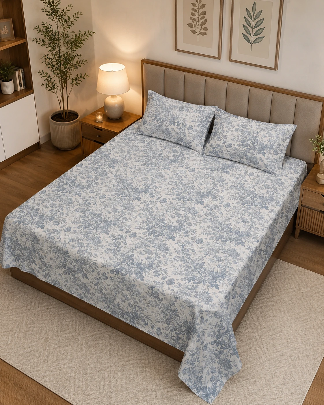Elegant Grey Floral Printed Bedsheet Set
