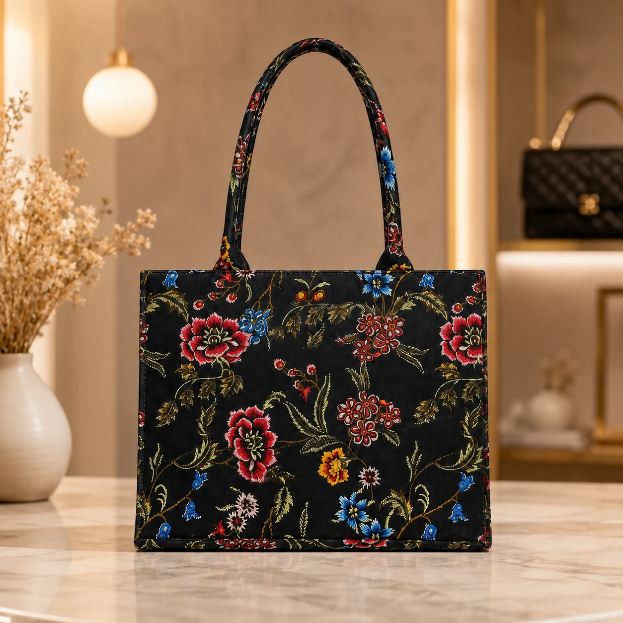 Black Floral Tote Handbag for Women | Stylish Carry Bag