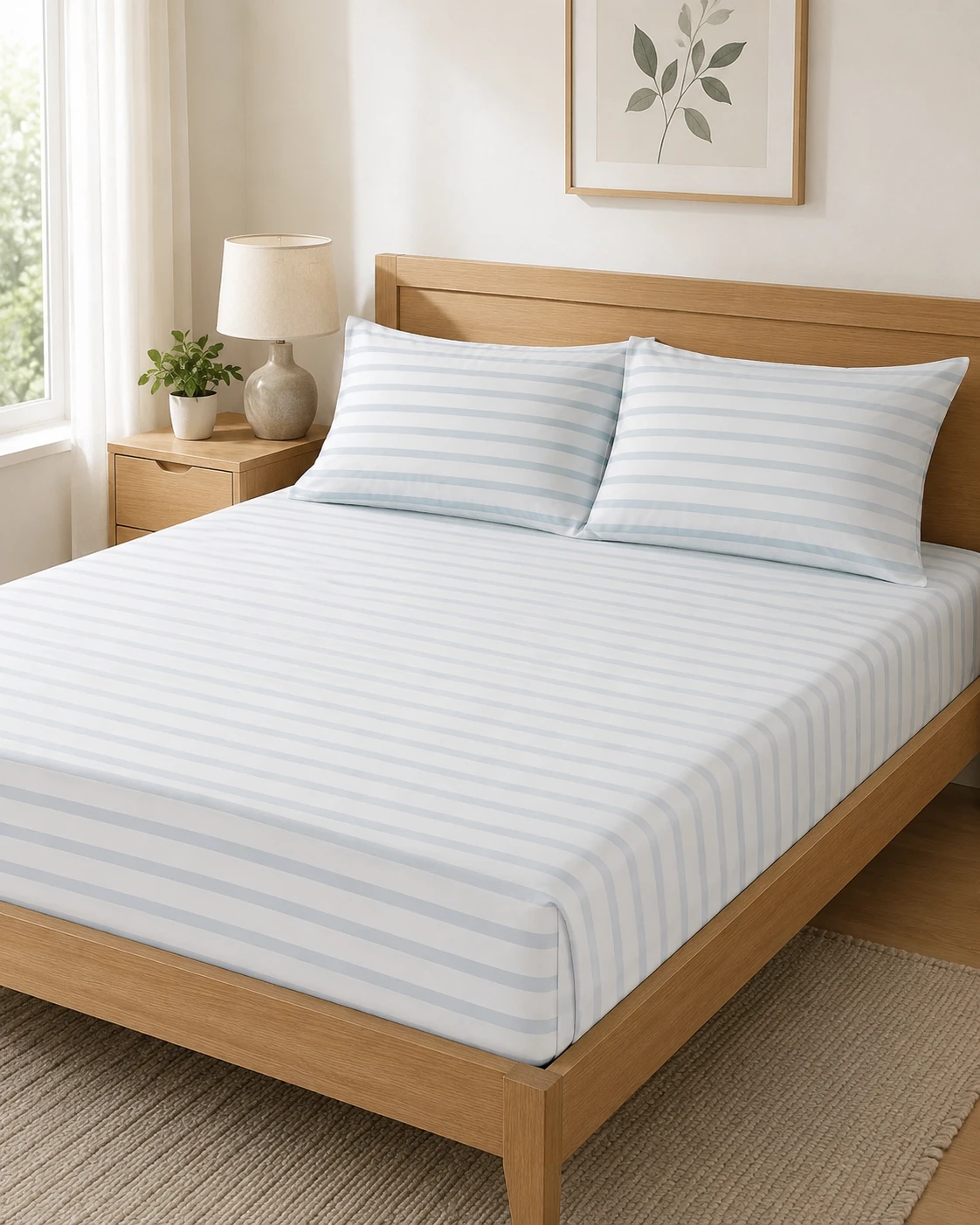 Blue Striped Bedsheet Set with Pillow Covers