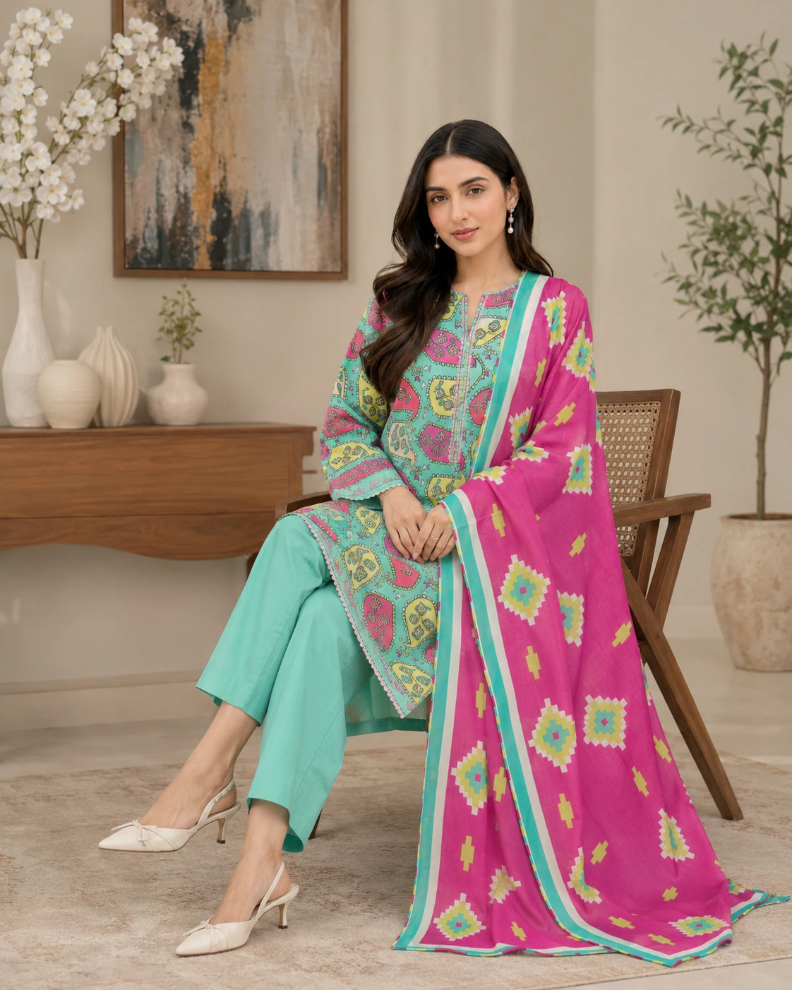 Khulda Mint Paisley 3 Piece Printed Lawn Suit