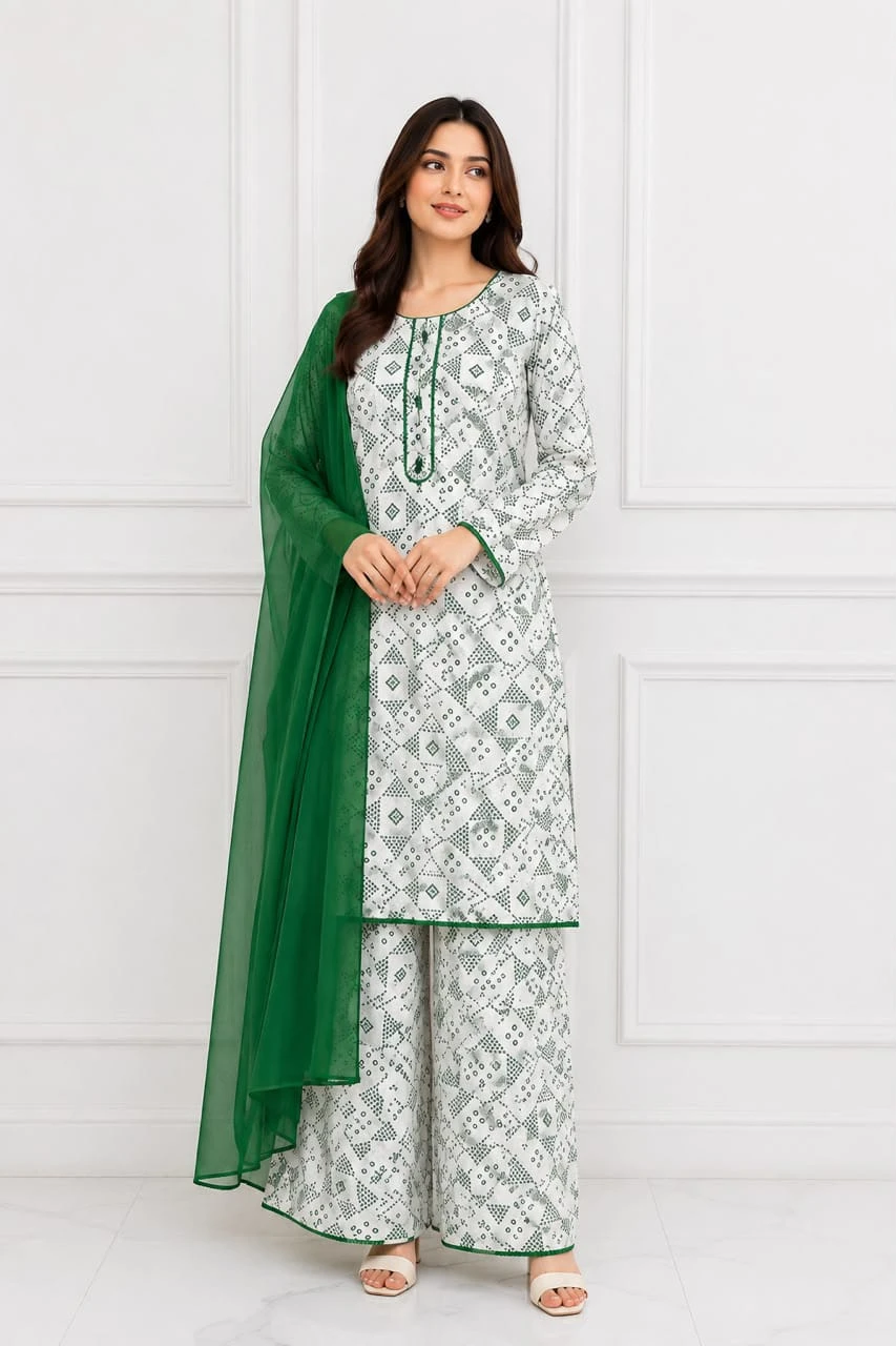 Green & White Geometric Kurta Set for 14 August