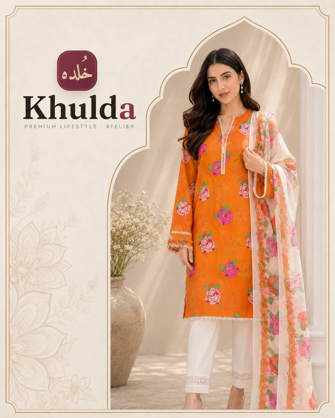 Khulda Orange Floral 3-Piece Suit with Dupatta