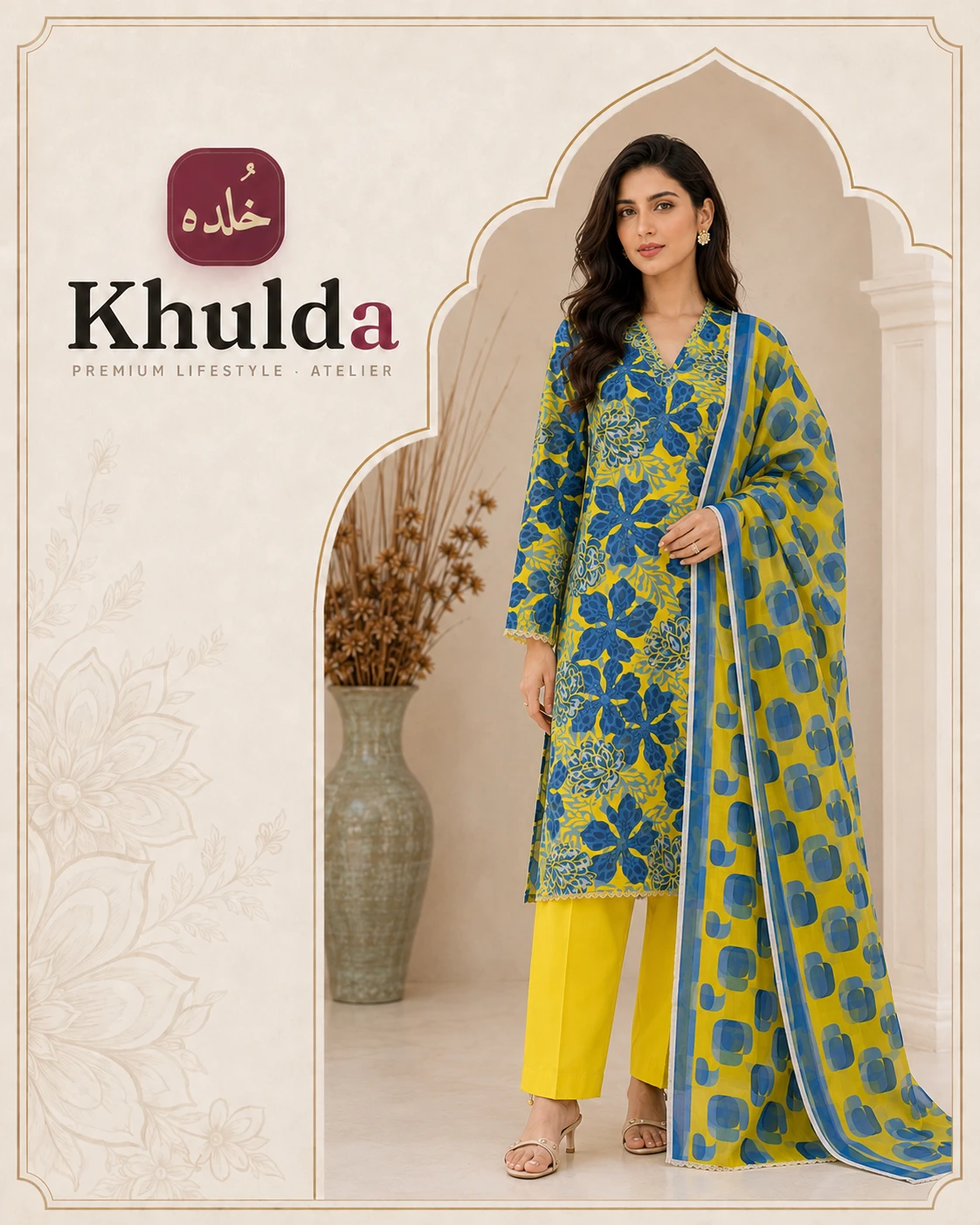 Khulda Yellow Blue Floral 3 Piece Lawn Suit for Women