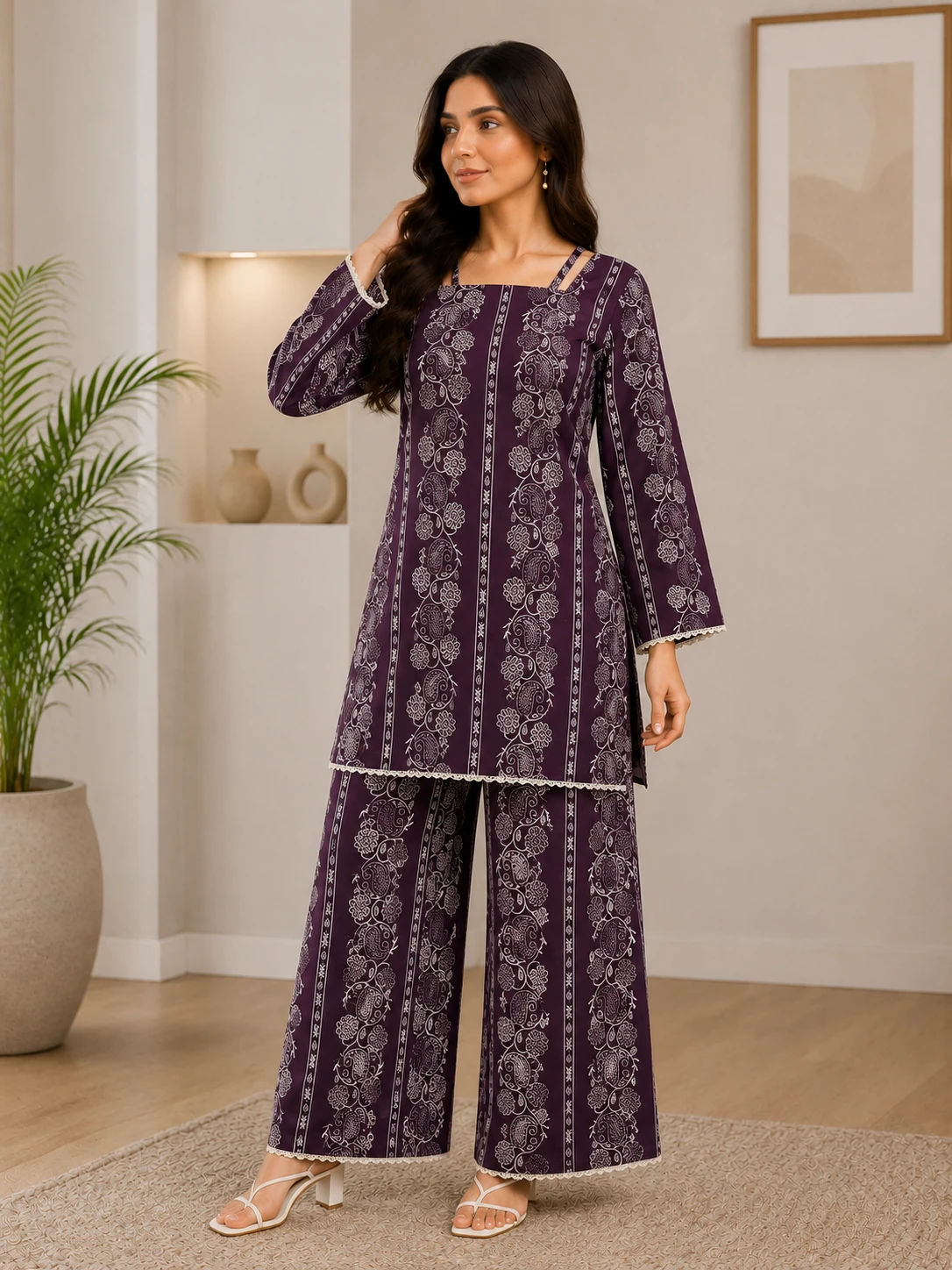 Purple Printed 2 Piece Lawn Suit for Women – Elegant Straight Fit Summer Outfit | Khulda Fashion