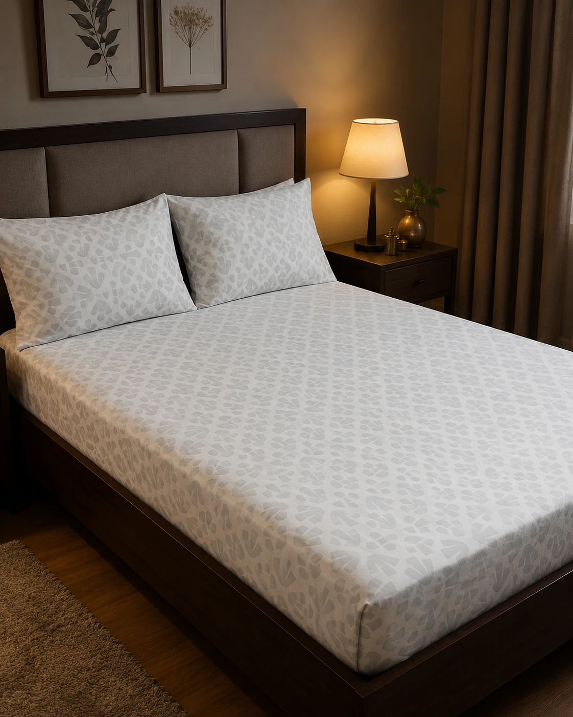 Grey Abstract Leaf Print Bedsheet Set with Pillow Covers