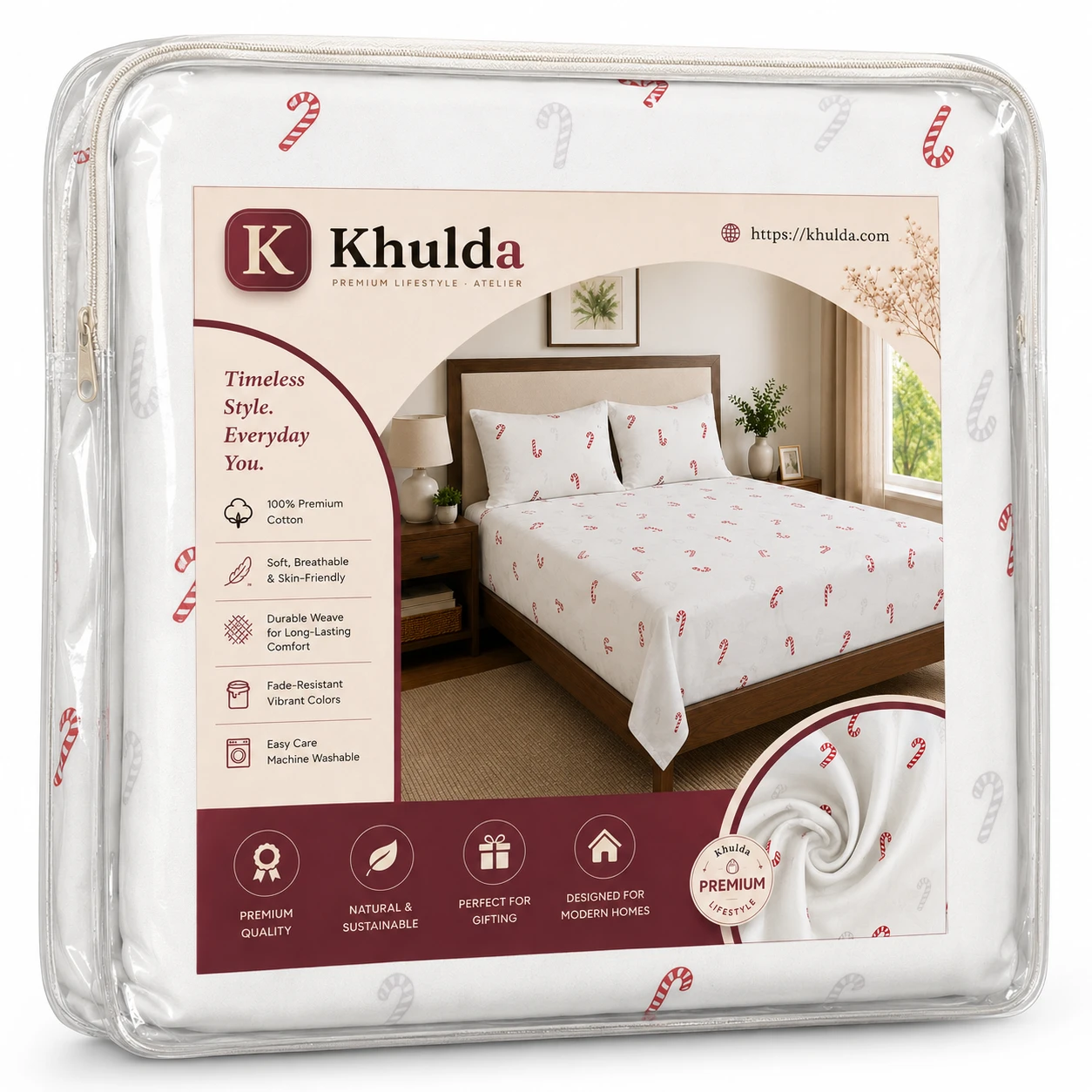 Candy Cane Printed Bedsheet Set with Pillow Covers