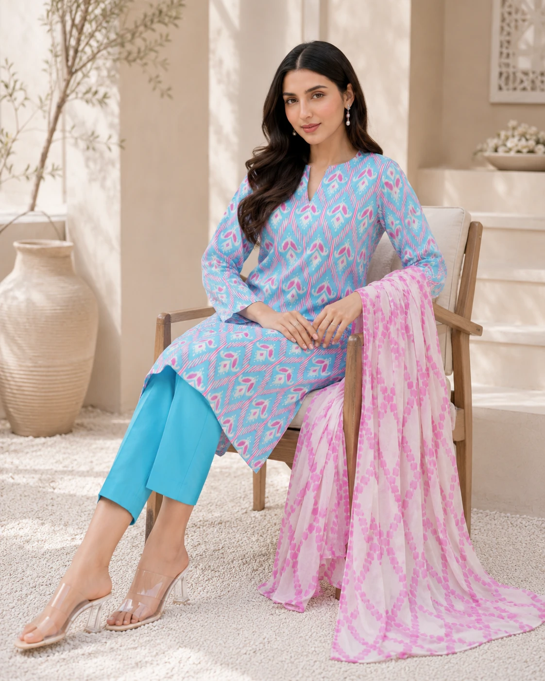 Khulda Sky Blue & Pink Printed 3 Piece Suit