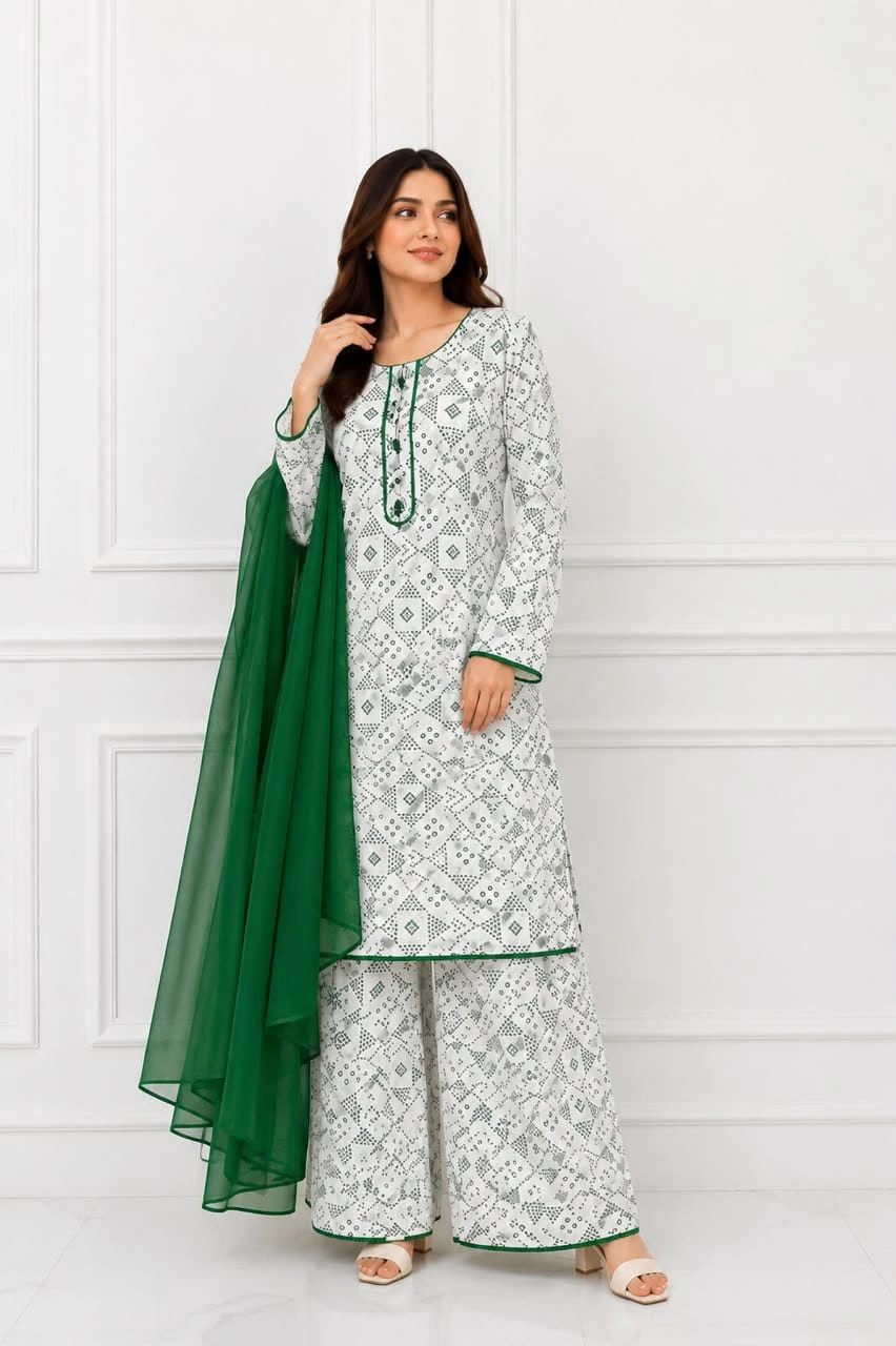 Green & White Geometric Kurta Set for 14 August