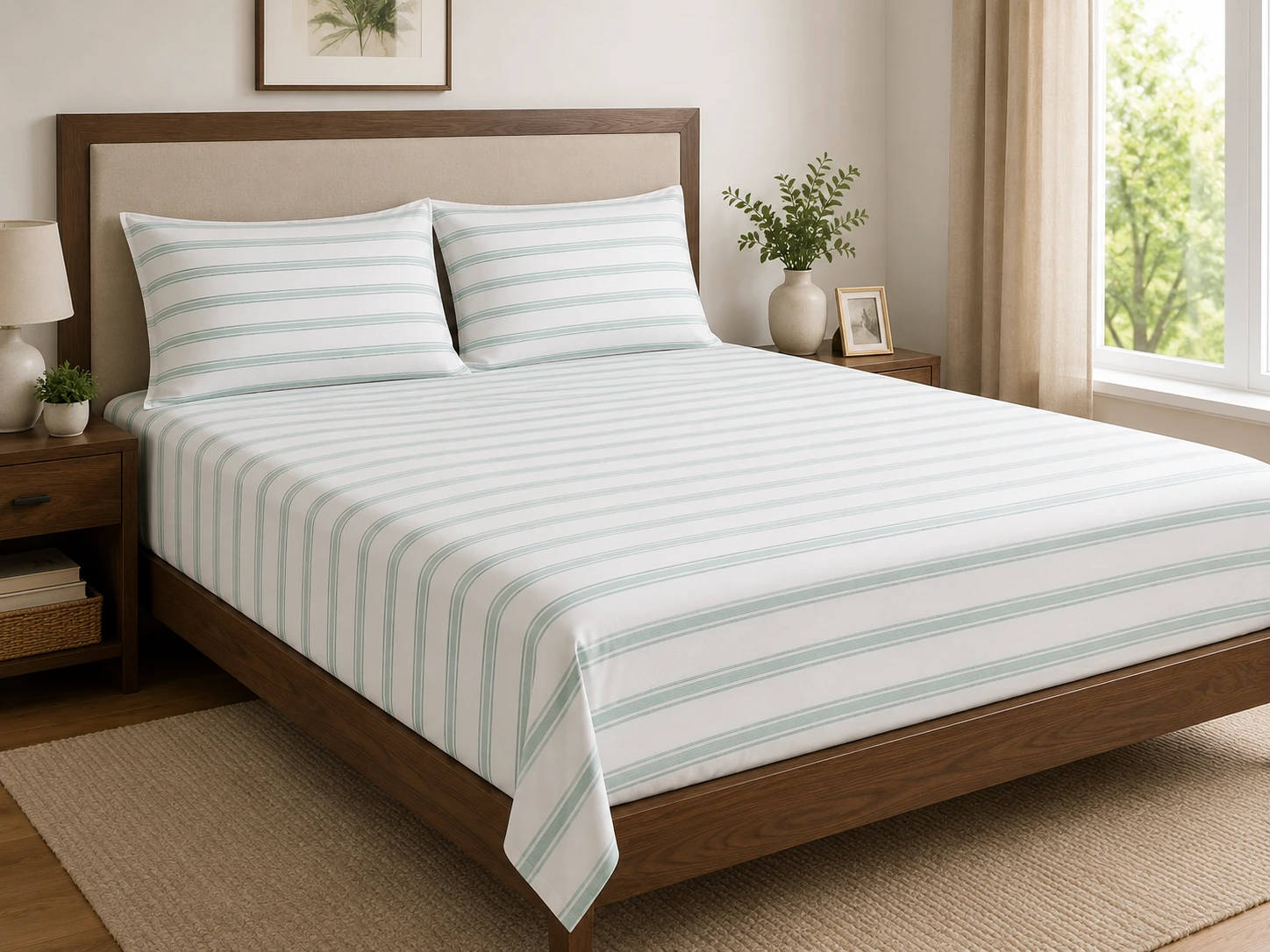 Elegant White & Aqua Striped Bedsheet
