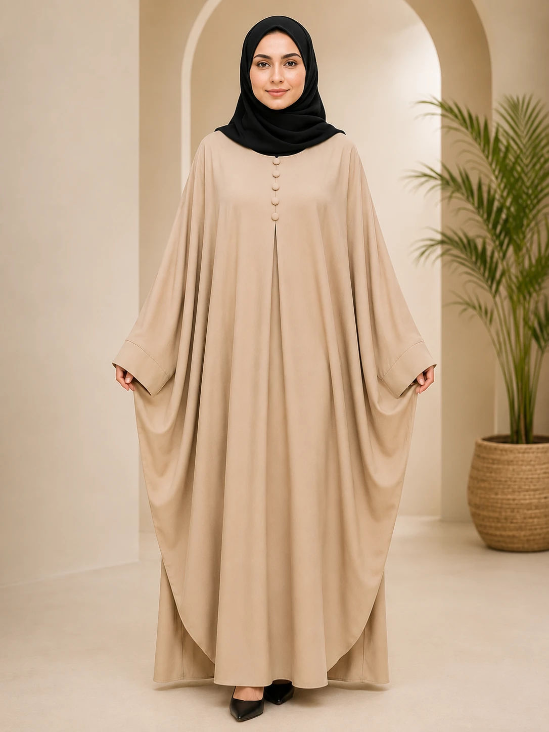 Beige Button Front Closed Abaya for Women | Elegant Modest Kaftan Abaya
