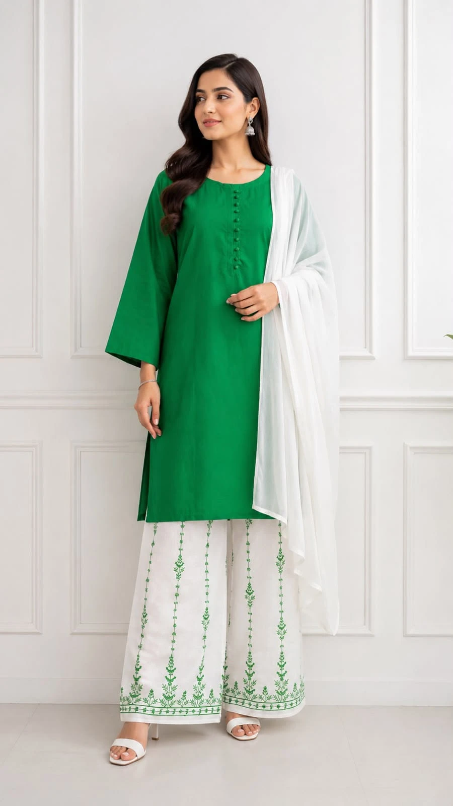 14 August Pakistan Independence Day Green & White 3 Piece Lawn Suit with Embroidered Palazzo & Dupatta