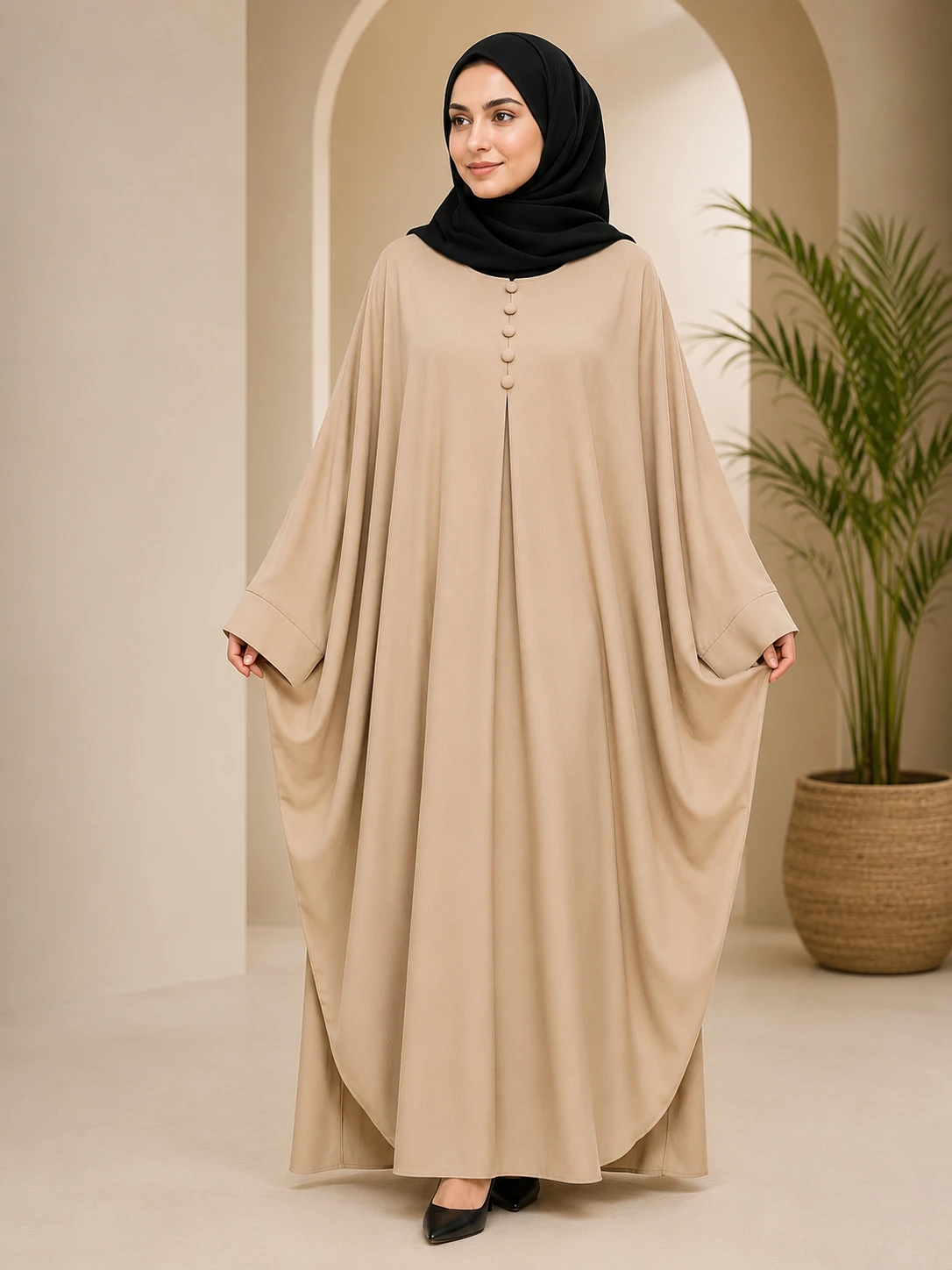Beige Button Front Closed Abaya for Women | Elegant Modest Kaftan Abaya