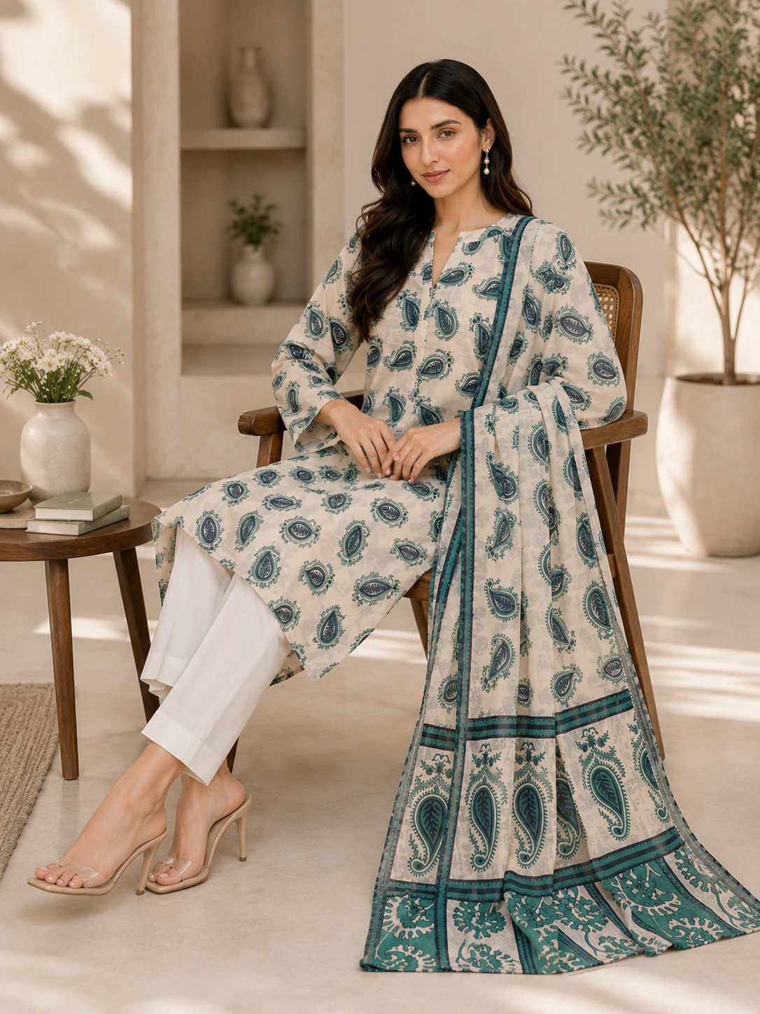 Grey & Teal Paisley Lawn 3 Piece Unstitched Suit with Printed Dupatta | Premium Summer Collection