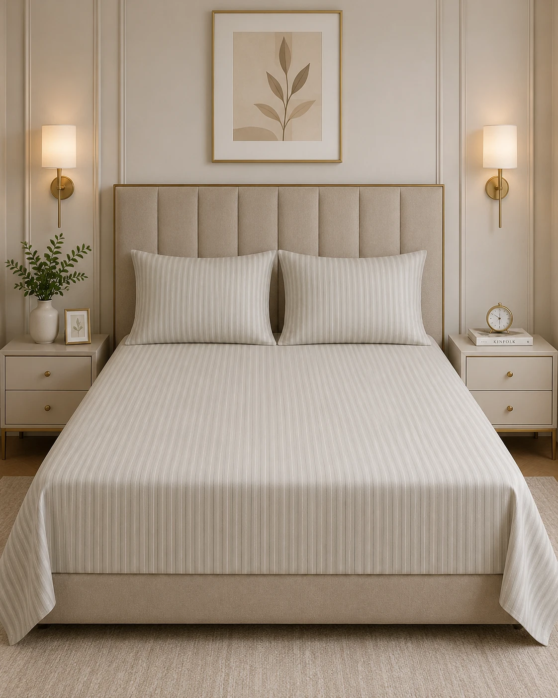 Beige Striped Bedsheet Set with Pillow Covers