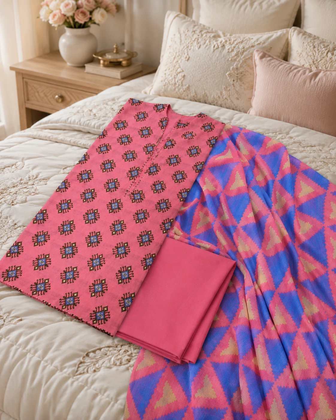 Khulda Pink Printed 3-Piece Suit with Geometric Dupatta
