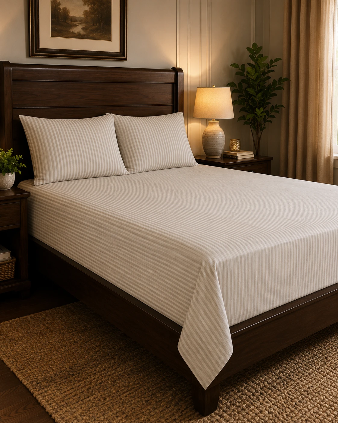 Beige Striped Bedsheet Set with Pillow Covers