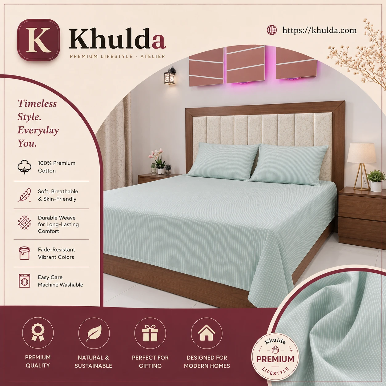 Premium Mint Green Striped Bedsheet Set