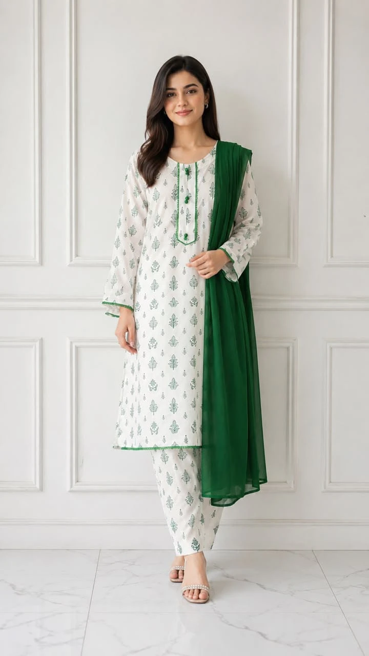 Green Printed Kurta Set for 14 August Independence Day