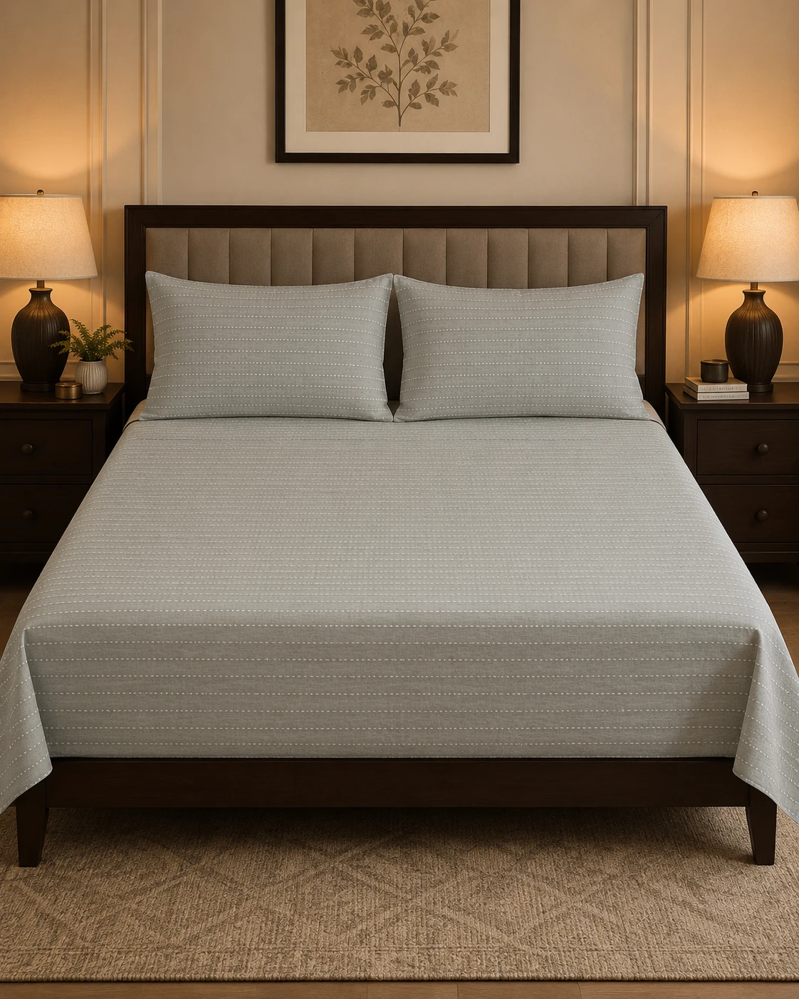 Grey Dotted Stripe Bedsheet Set with Pillow Covers