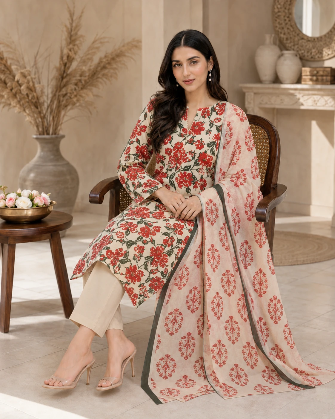 Red Floral Lawn 3 Piece Unstitched Suit with Printed Dupatta | Elegant Summer Collection