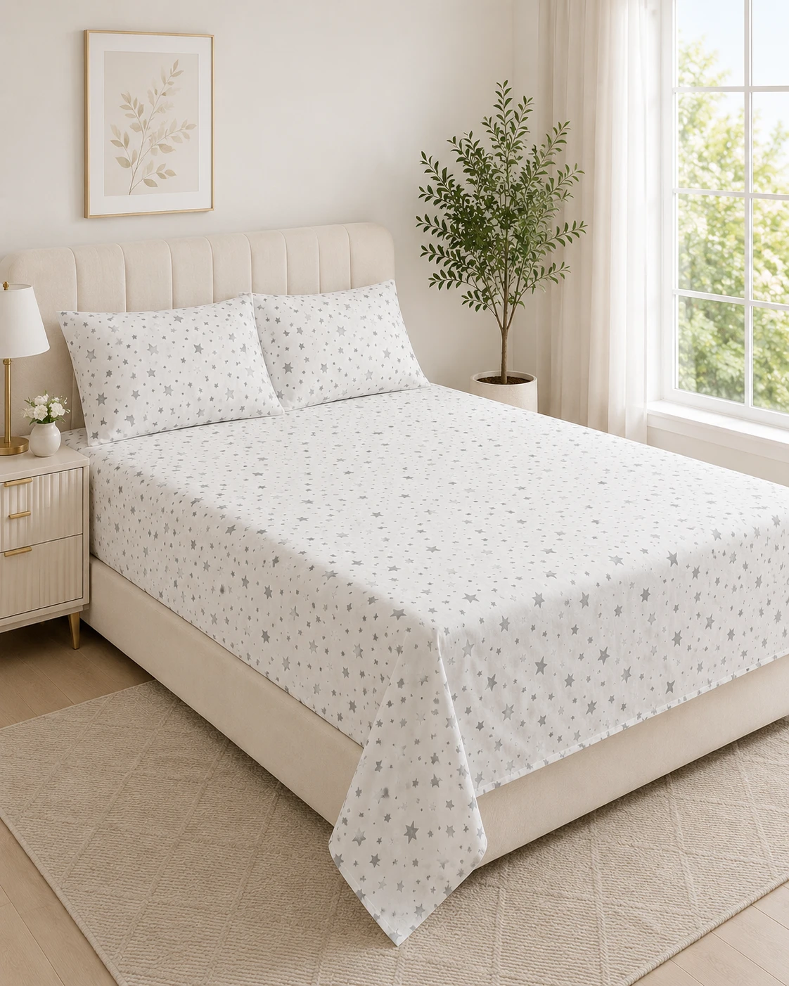 Grey Star Printed Bedsheet Set with Pillow Covers