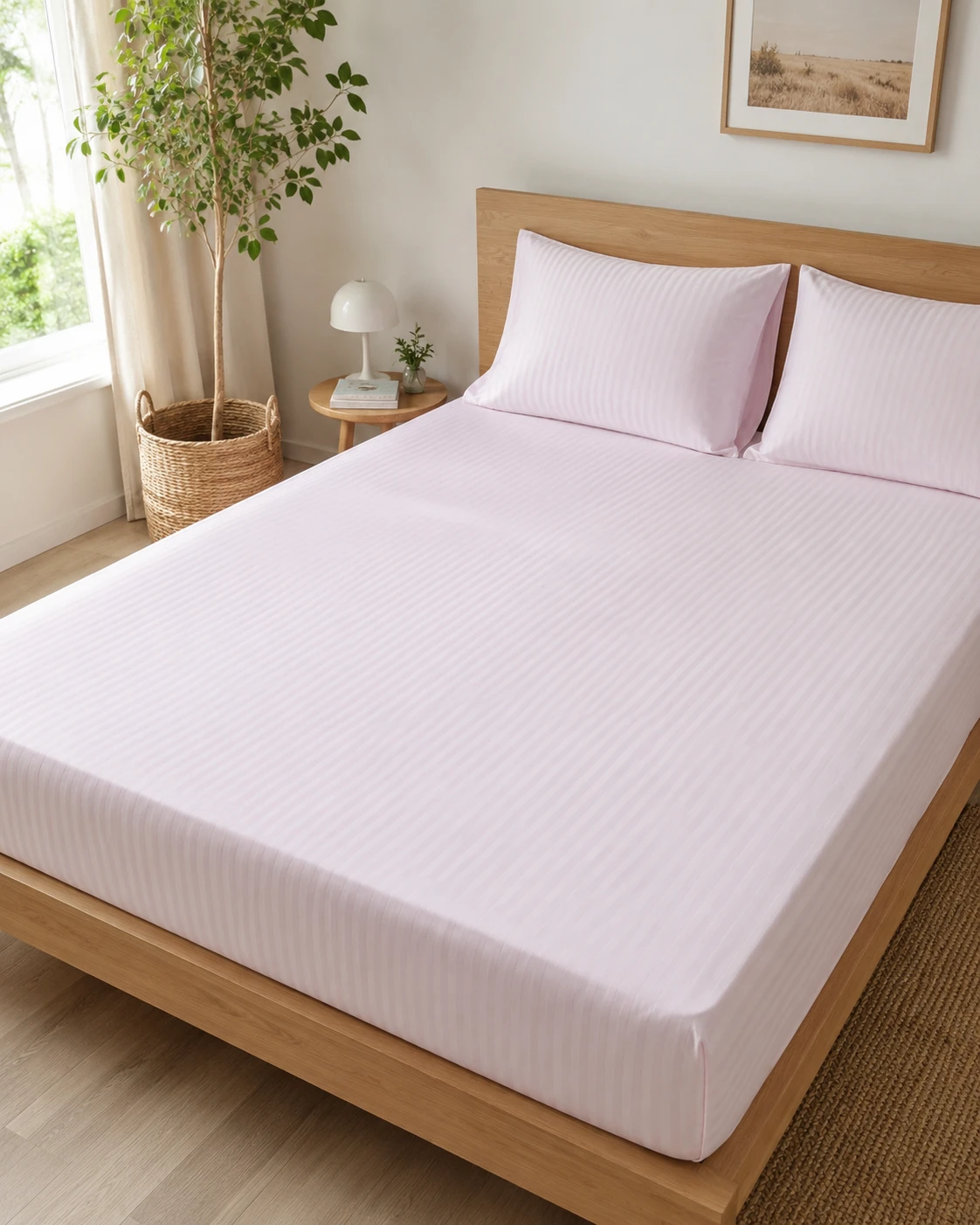 Light Pink Striped Bedsheet Set with Pillow Covers