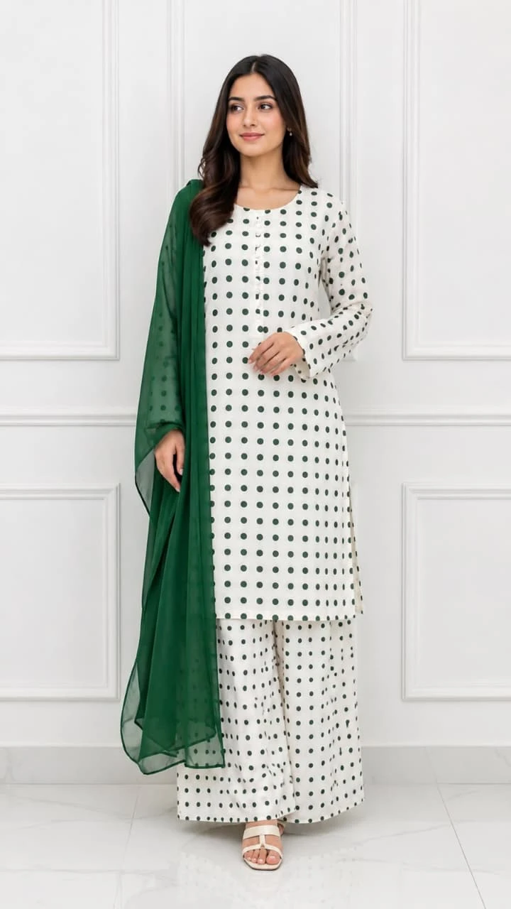 Green Polka Dot Kurta Set for 14 August