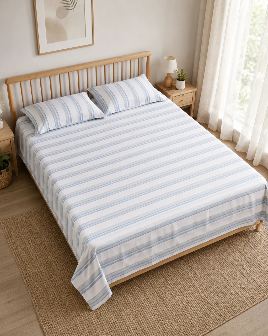 Premium Blue Striped Bedsheet Set with Pillow Covers