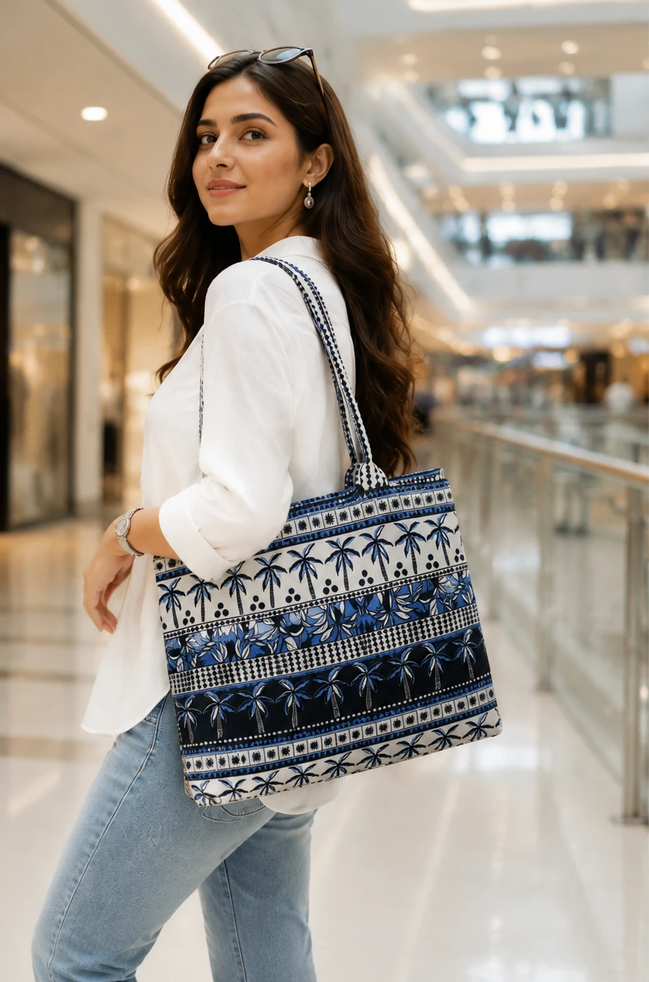 Blue Palm Printed Tote Handbag for Women | Casual Shoulder Bag