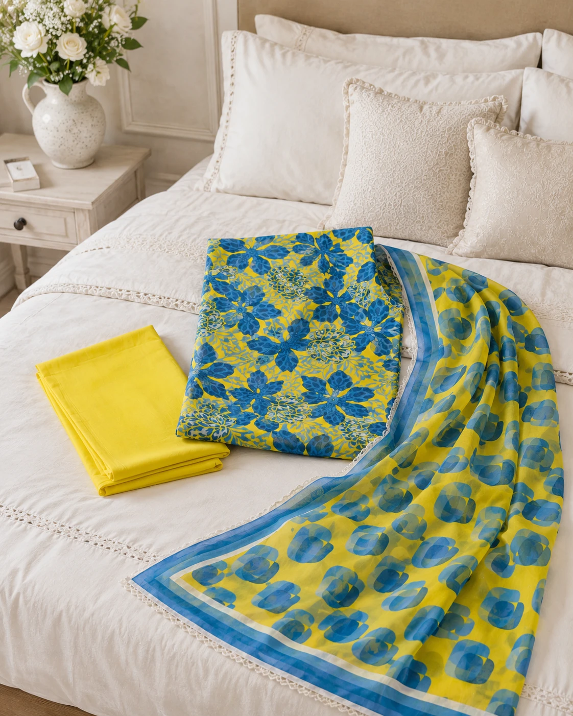 Khulda Yellow Blue Floral 3 Piece Lawn Suit for Women