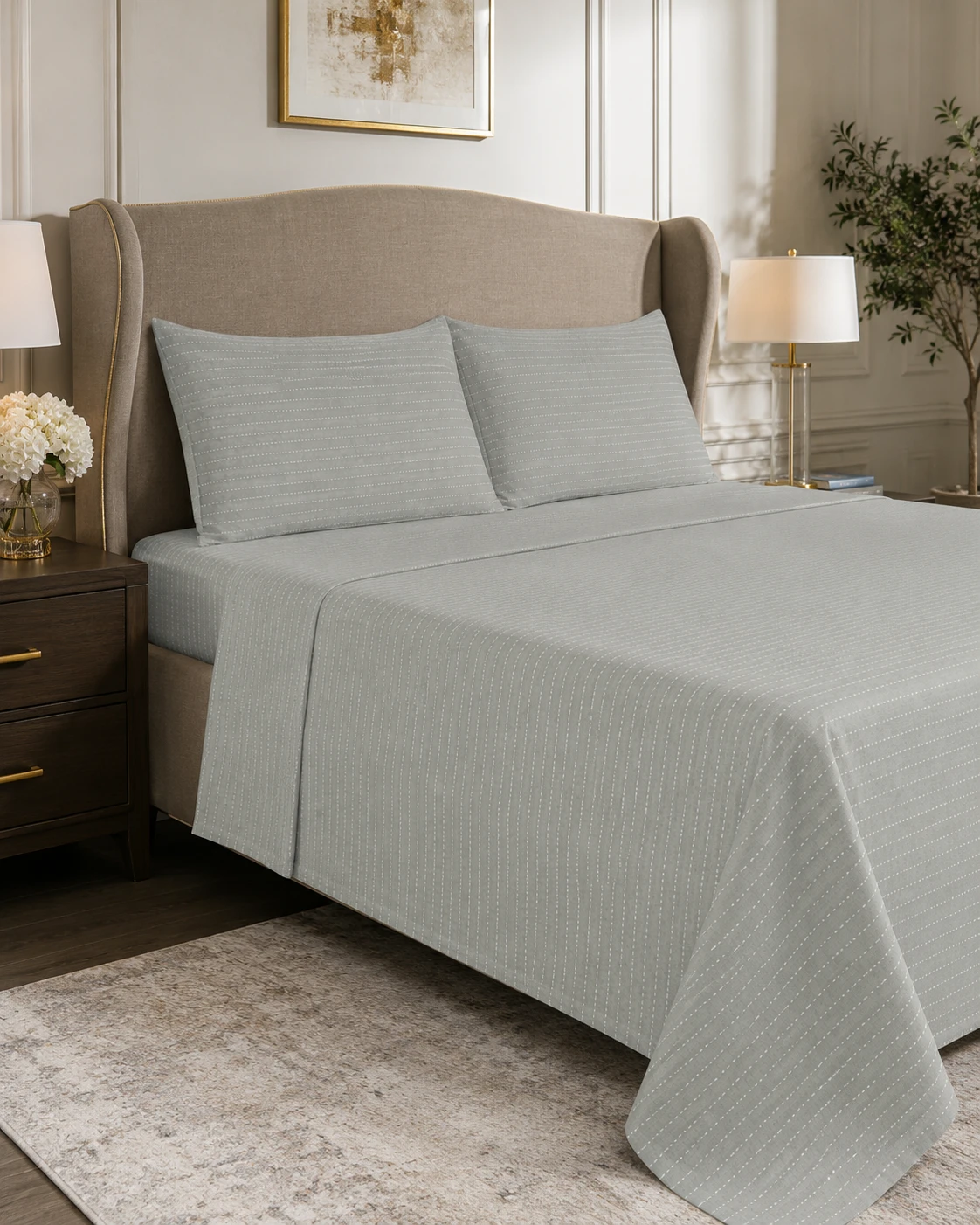 Grey Dotted Stripe Bedsheet Set with Pillow Covers