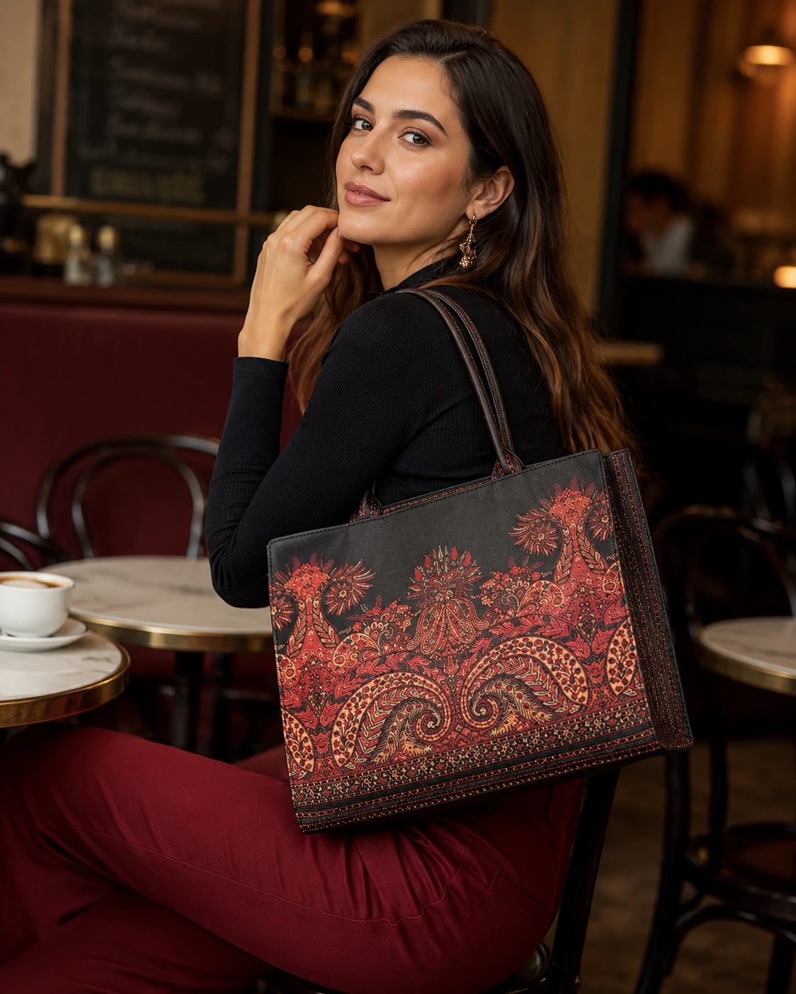 Black Printed Tote Handbag for Women | Elegant Ethnic Bag