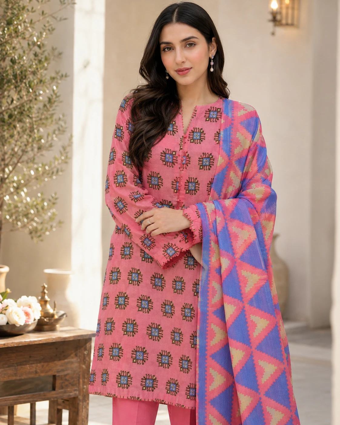 Khulda Pink Printed 3-Piece Suit with Geometric Dupatta