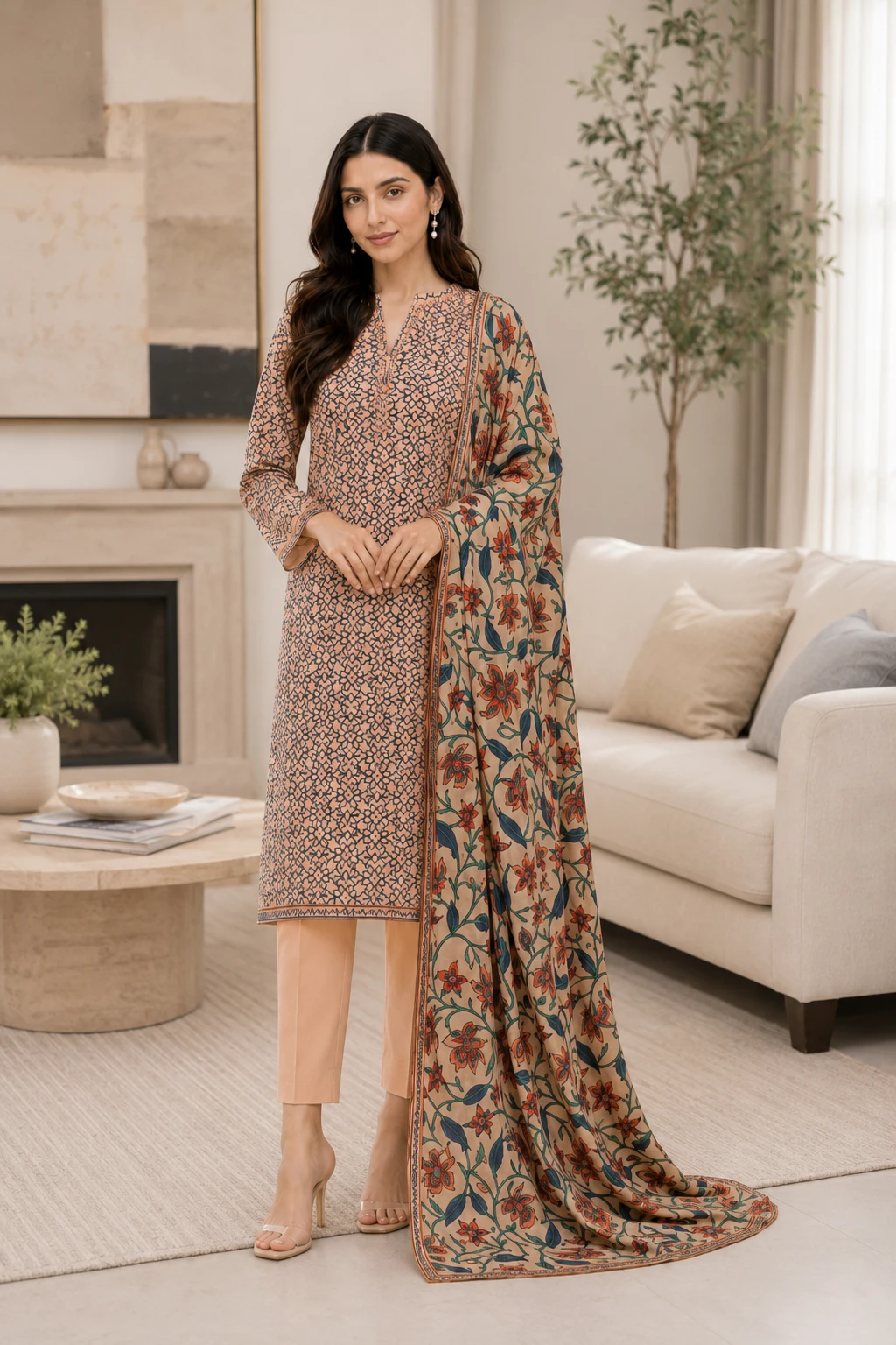 Peach Printed Lawn 3 Piece Unstitched Suit with Floral Dupatta | Elegant Women's Collection