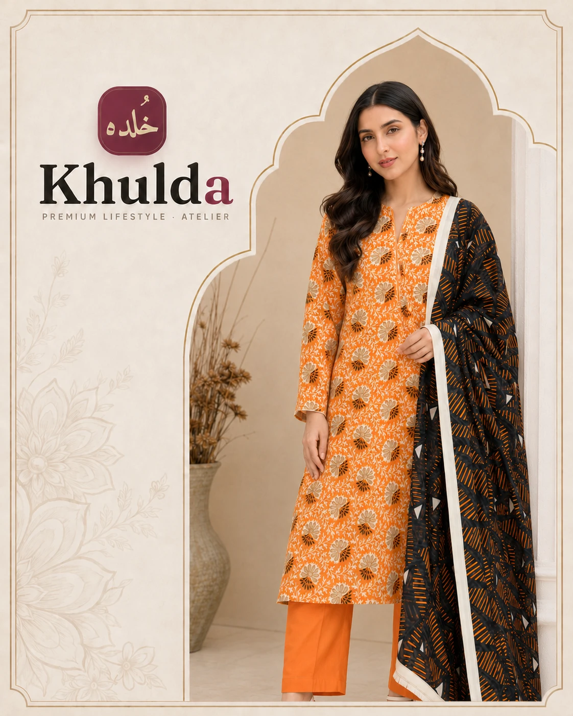 Khulda Orange Printed 3-Piece Suit with Black Geometric Dupatta