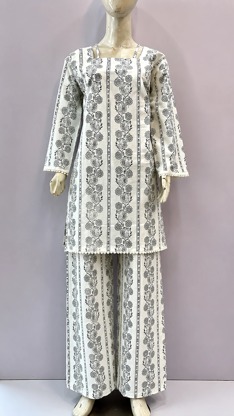 White Printed Cotton Kurta Palazzo Set for Women | Elegant 2 Piece Suit