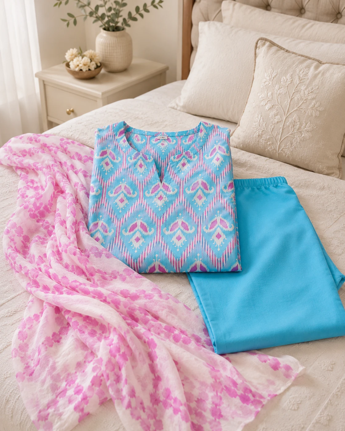 Khulda Sky Blue & Pink Printed 3 Piece Suit
