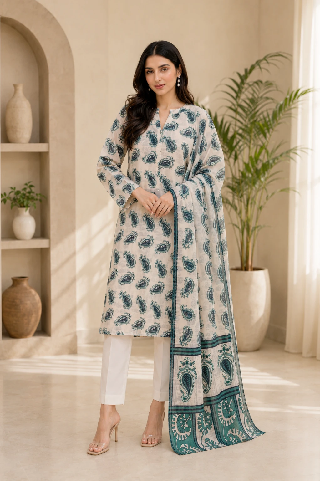 Grey & Teal Paisley Lawn 3 Piece Unstitched Suit with Printed Dupatta | Premium Summer Collection