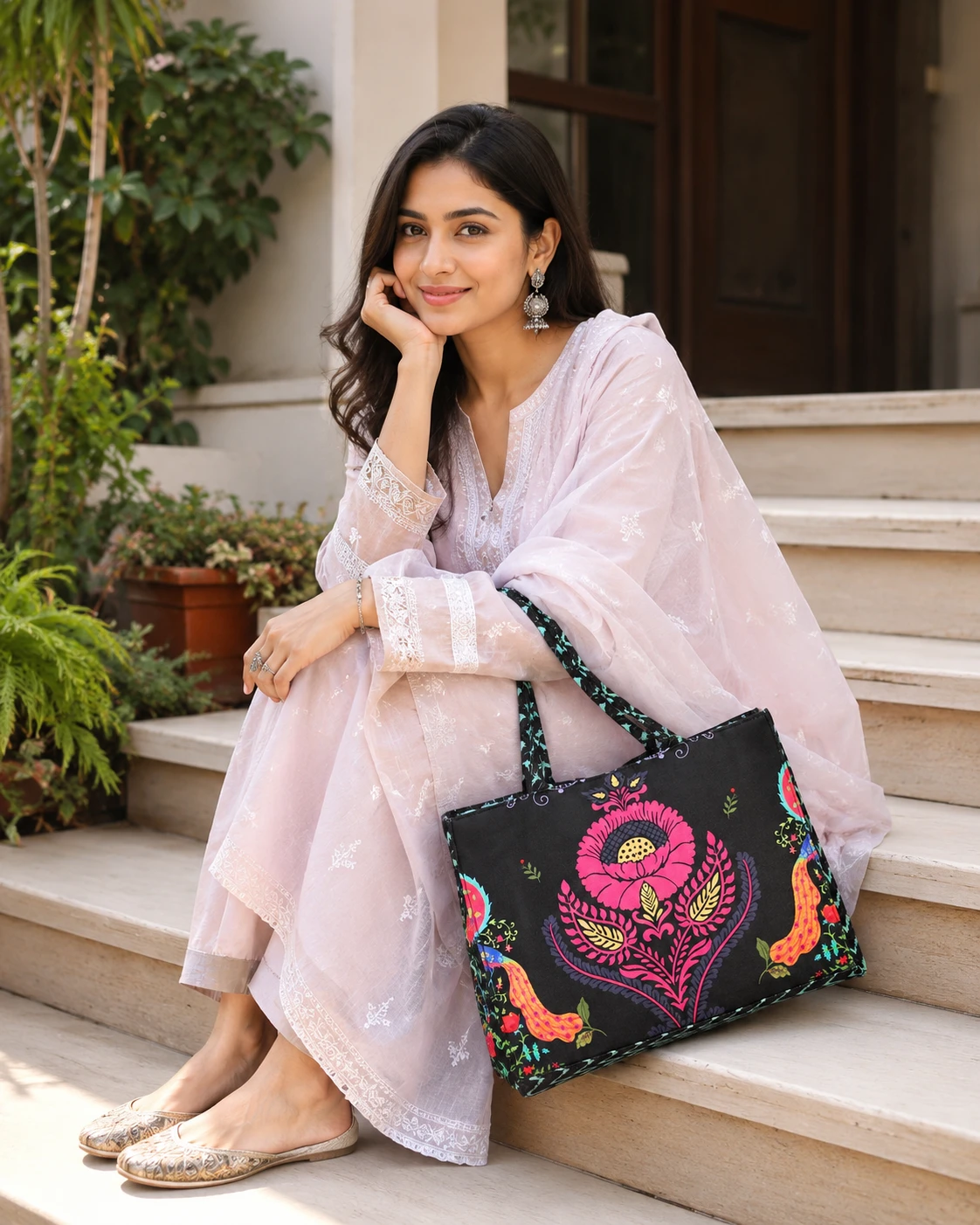 Black Floral Handbag – Stylish Printed Tote Bag for Women