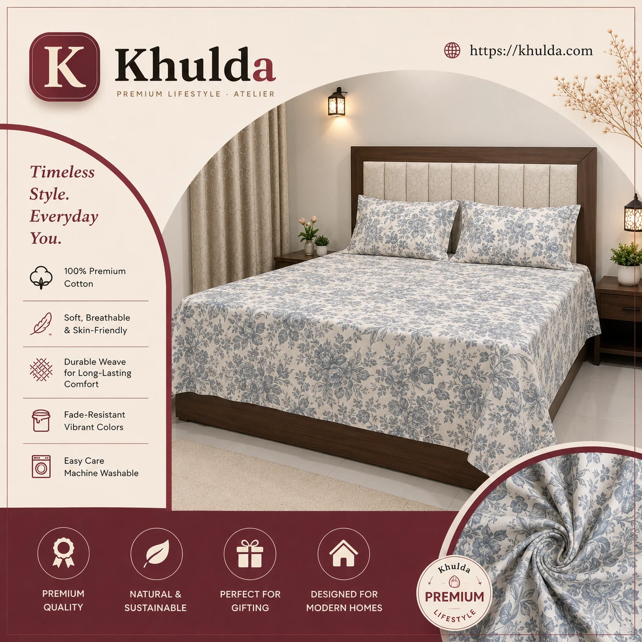 Elegant Grey Floral Printed Bedsheet Set