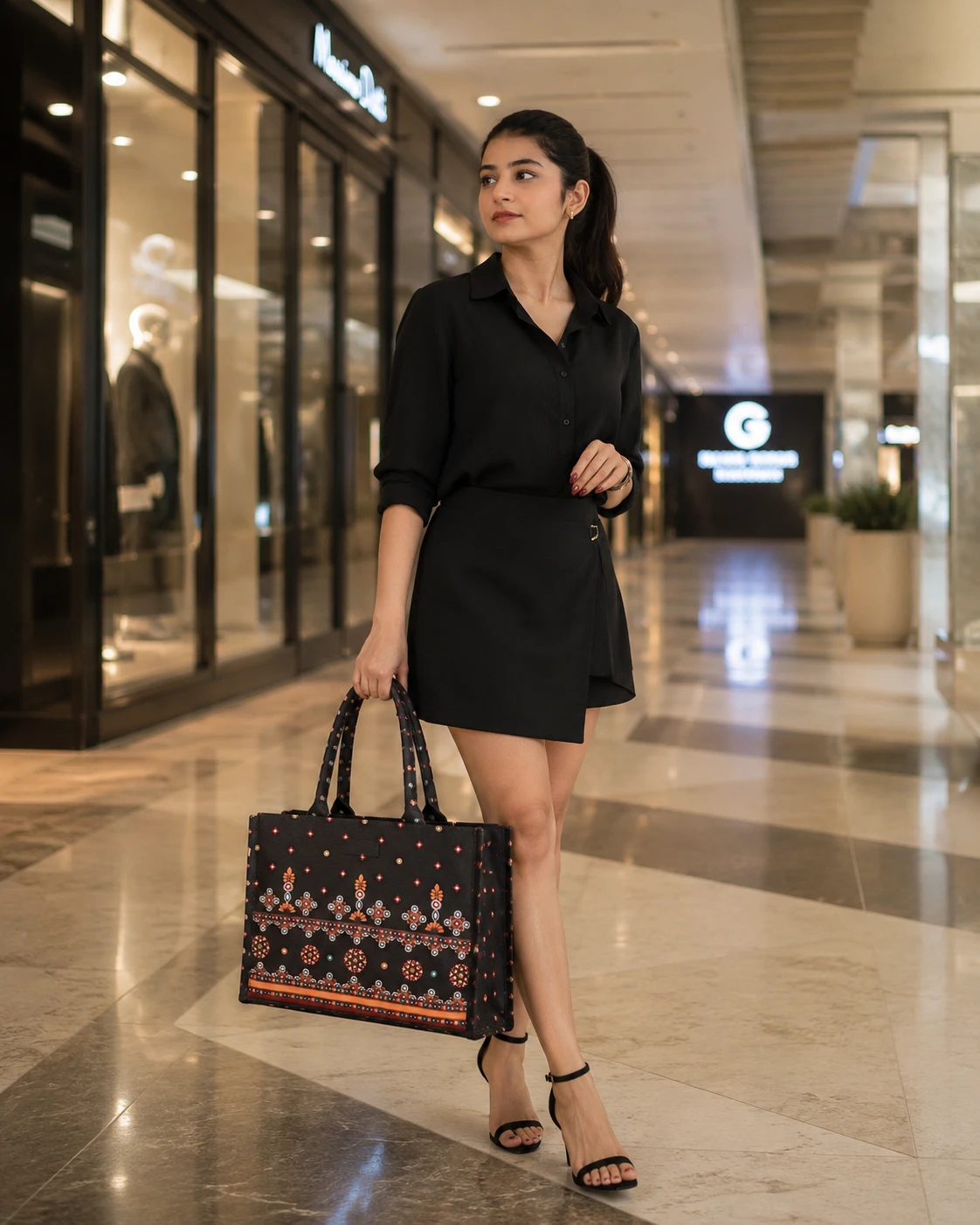 Black Ethnic Printed Handbag – Stylish Traditional Tote Bag
