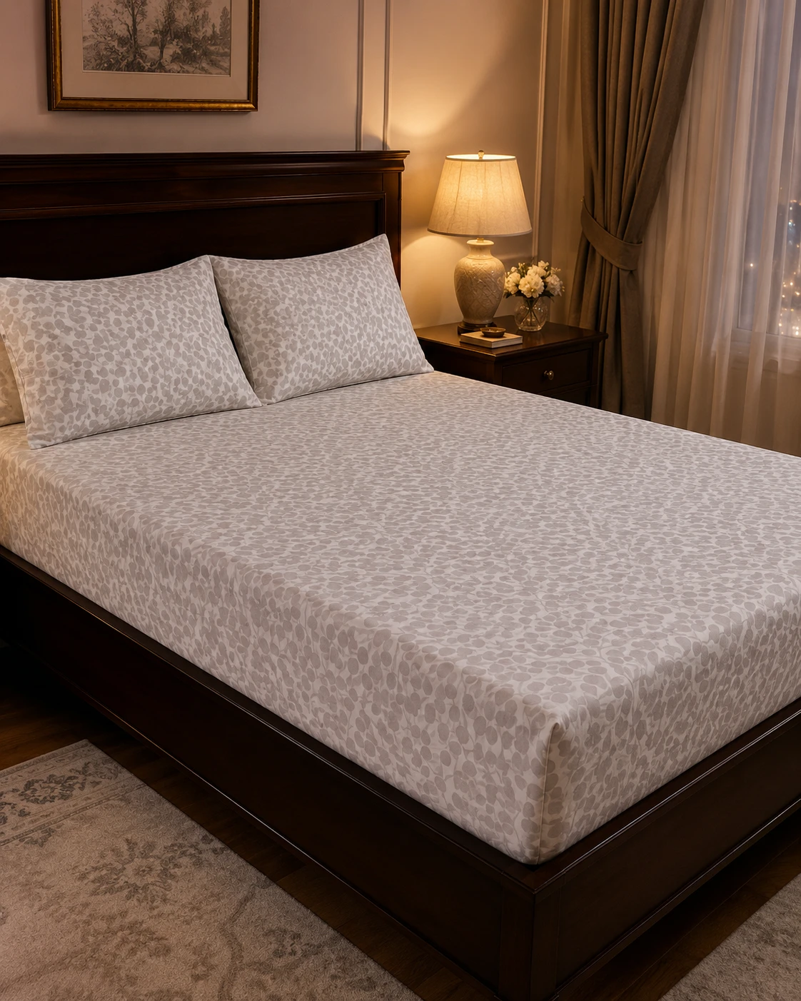 Grey Berry Floral Print Bedsheet Set with Pillow Covers