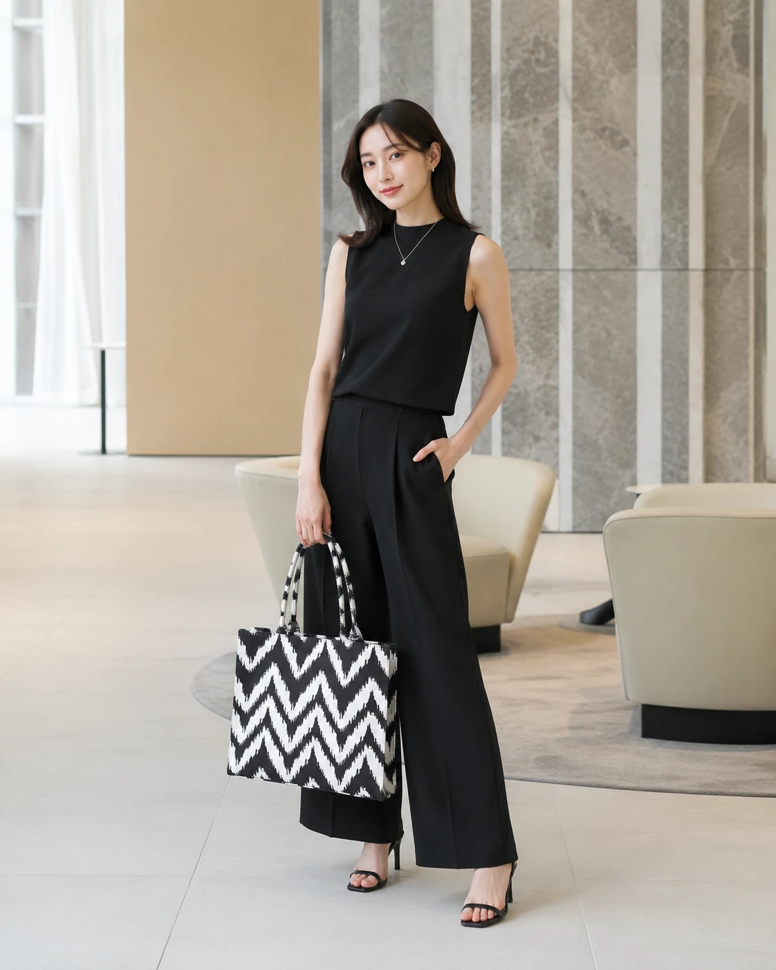 Black & White Chevron Handbag – Stylish Tote Bag for Women