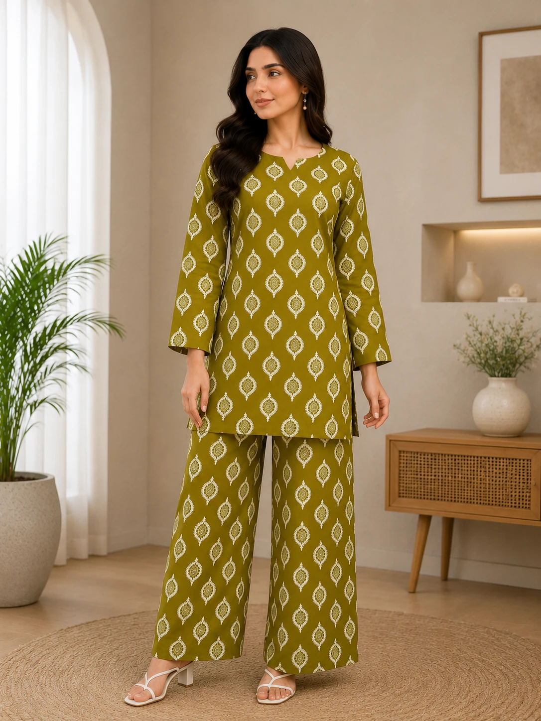 Olive Green Printed 2 Piece Lawn Suit for Women – Elegant Summer Casual Wear | Khulda Fashion
