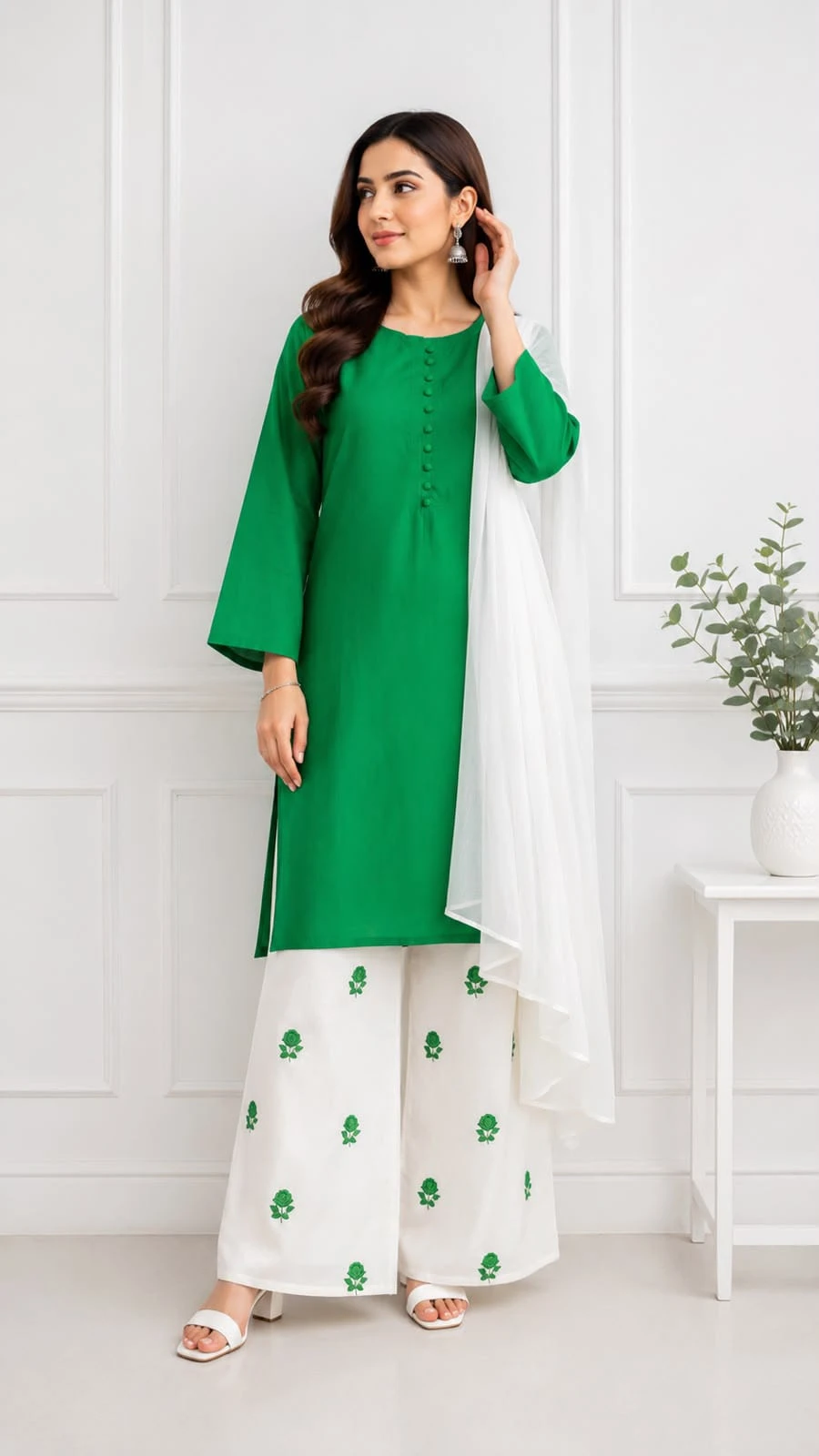 14 August Pakistan Independence Day Green & White 3 Piece Lawn Suit with Printed Palazzo & Dupatta