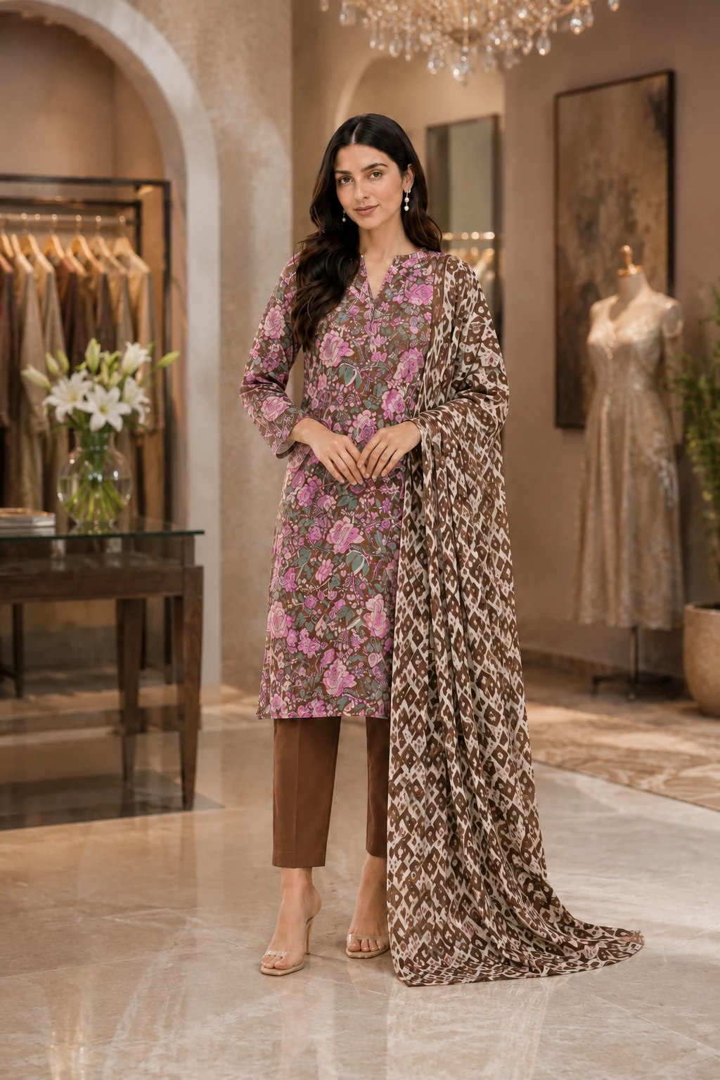 Brown Floral Lawn 3 Piece Unstitched Suit with Printed Dupatta | Elegant Summer Collection