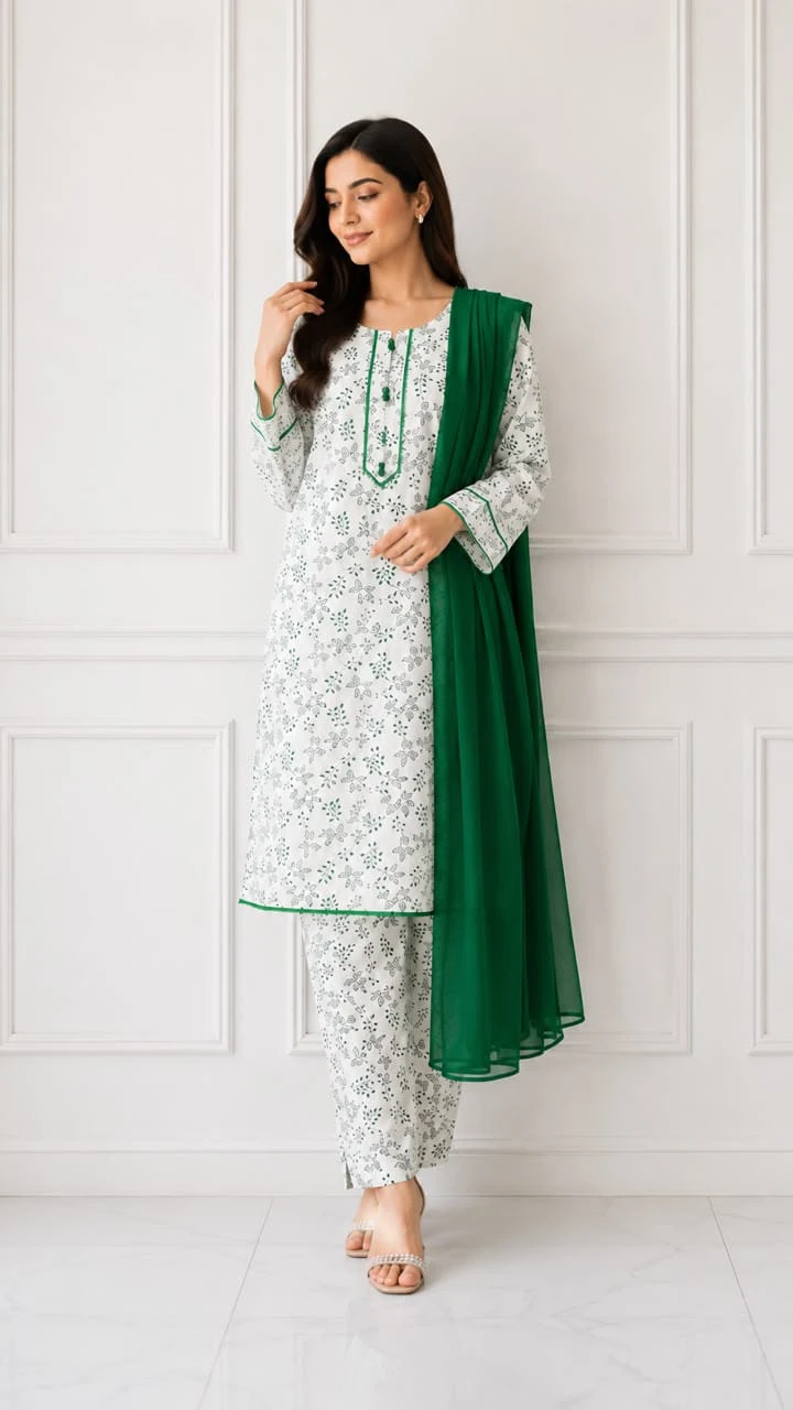 White Floral Kurta Set for 14 August Independence Day