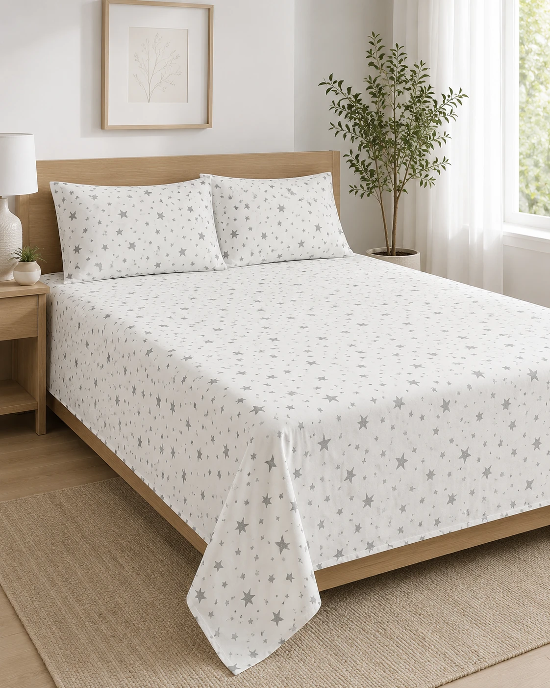 Grey Star Printed Bedsheet Set with Pillow Covers